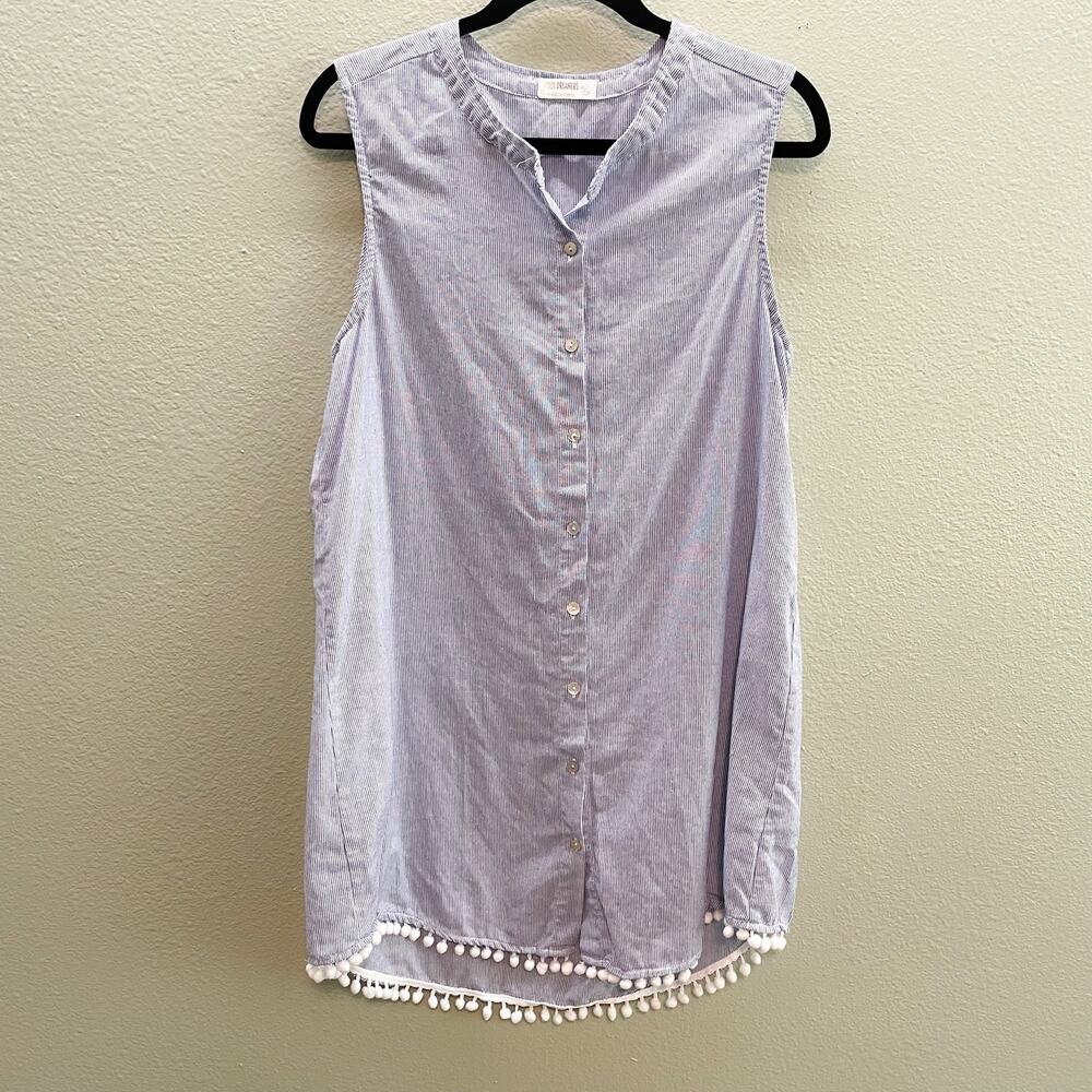 Sleeveless Blue and White Pinstriped Cover Up With Pom-Pom Trim Size XL